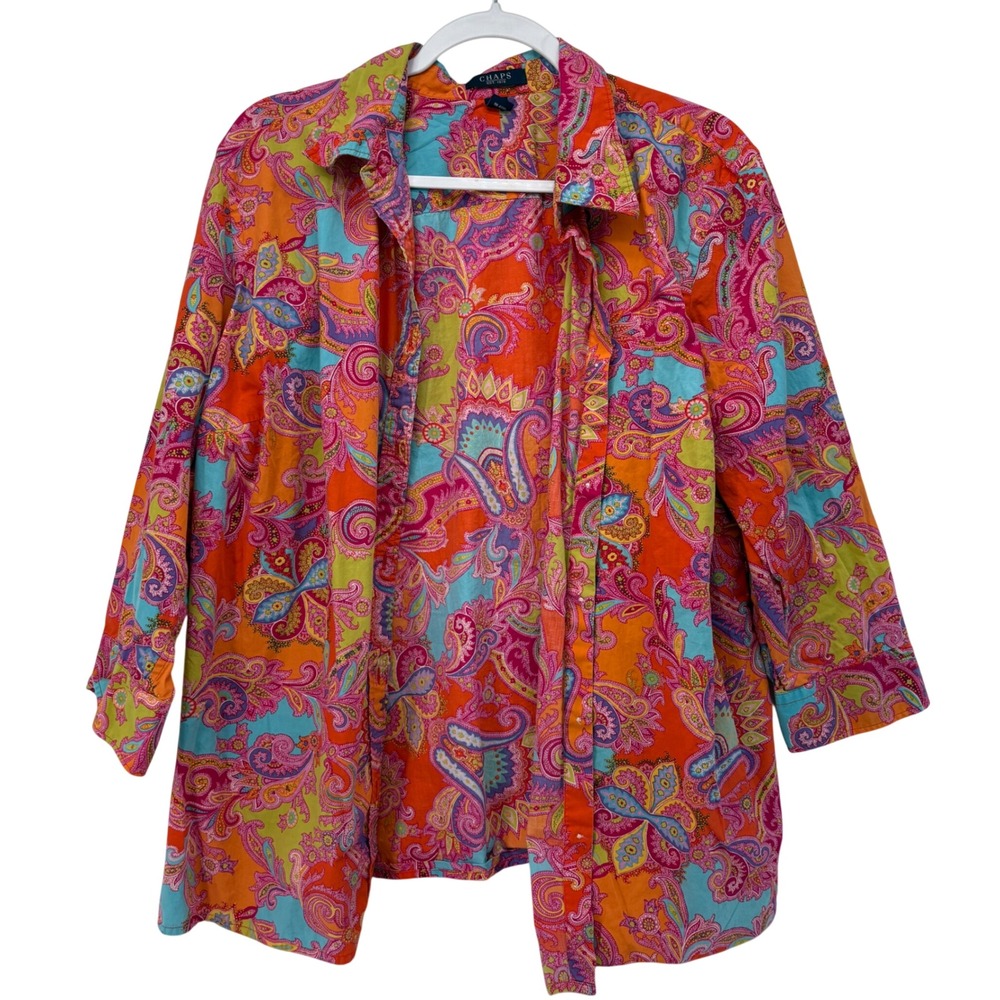 Chaps Womens 2X Orange Pink Paisley Cotton Button Down 3/4 Sleeve Shirt Top